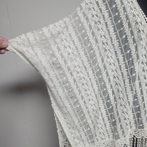 Chicos Crochet Lace Kimono Caftan Beach Swim Coverup Wedding Beige Cream Fringe - Picture 2 of 6